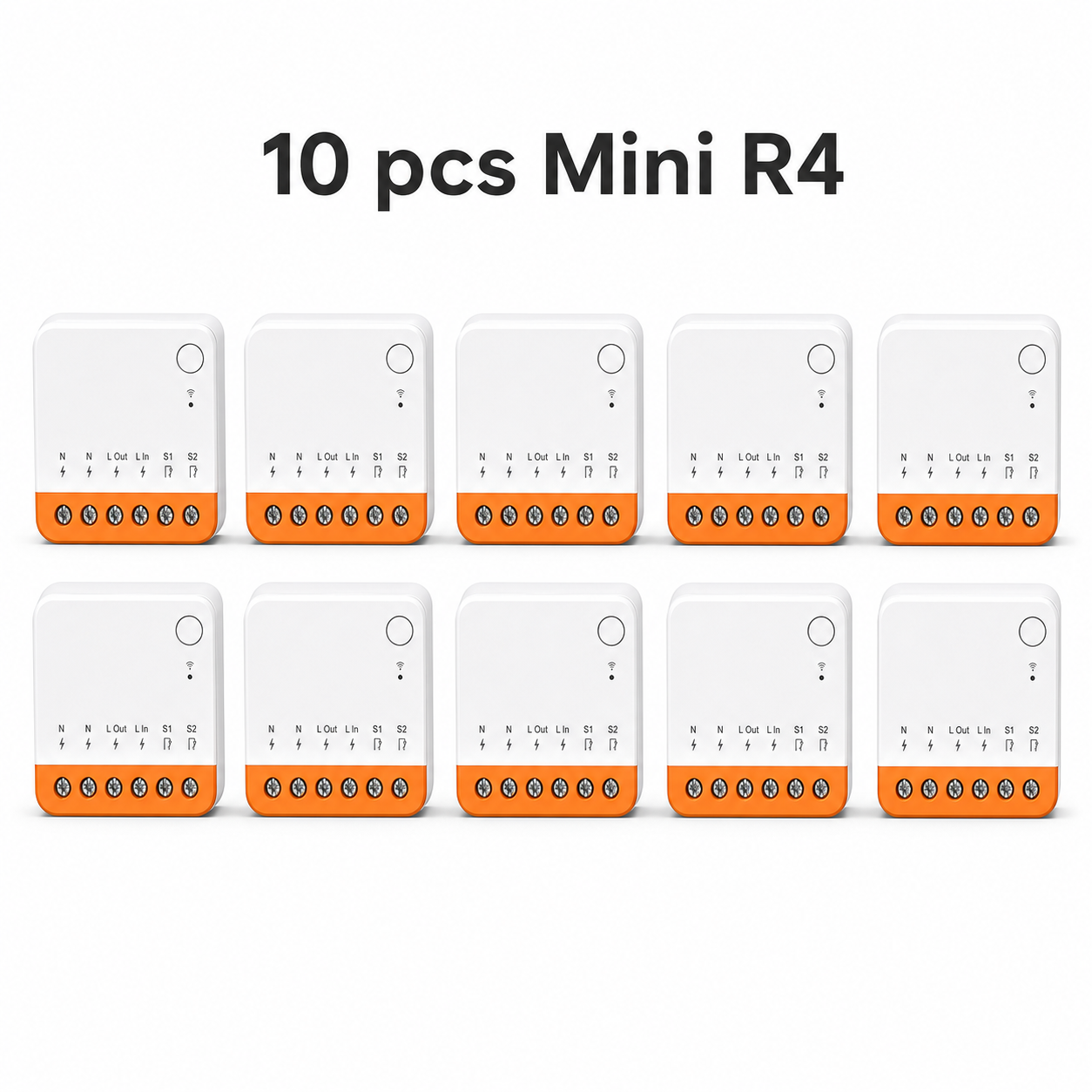 Pack of 10 Mini R4 Wi-Fi relay modules on white background