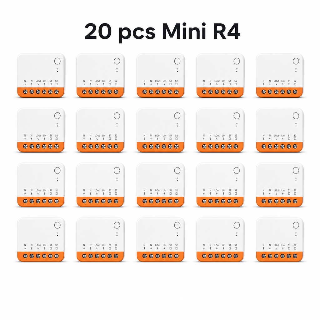 Pack of 20 Mini R4 Wi-Fi relay modules on white background