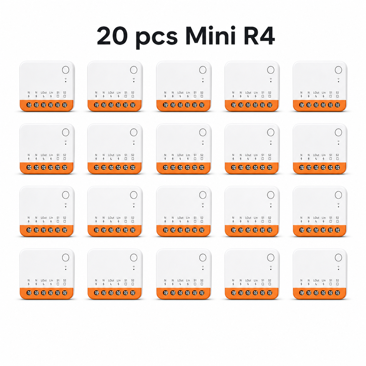 Pack of 20 Mini R4 Wi-Fi relay modules on white background