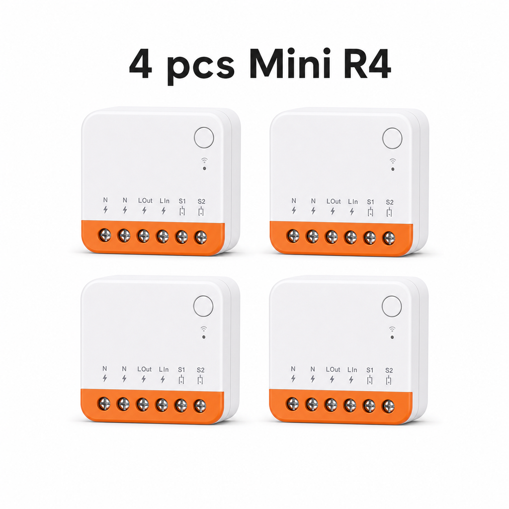 Pack of 4 Mini R4 Wi-Fi relay modules on white background