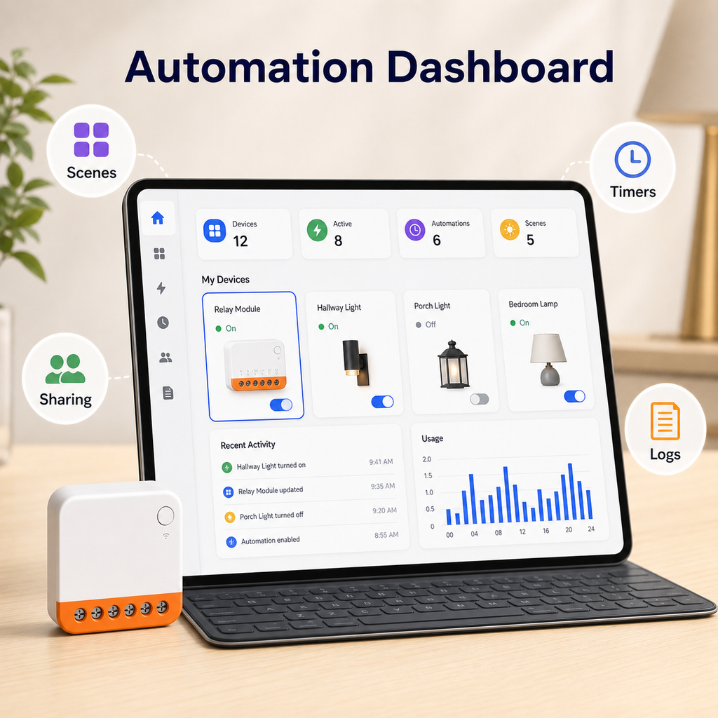 Generic automation dashboard for compact Wi-Fi relay scenes and timers