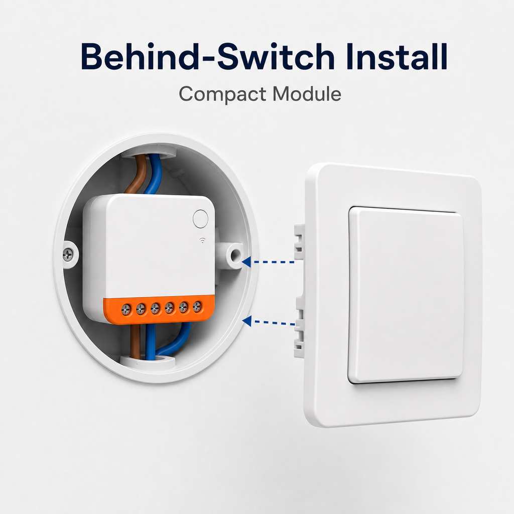 Behind-switch installation view for compact Wi-Fi relay module