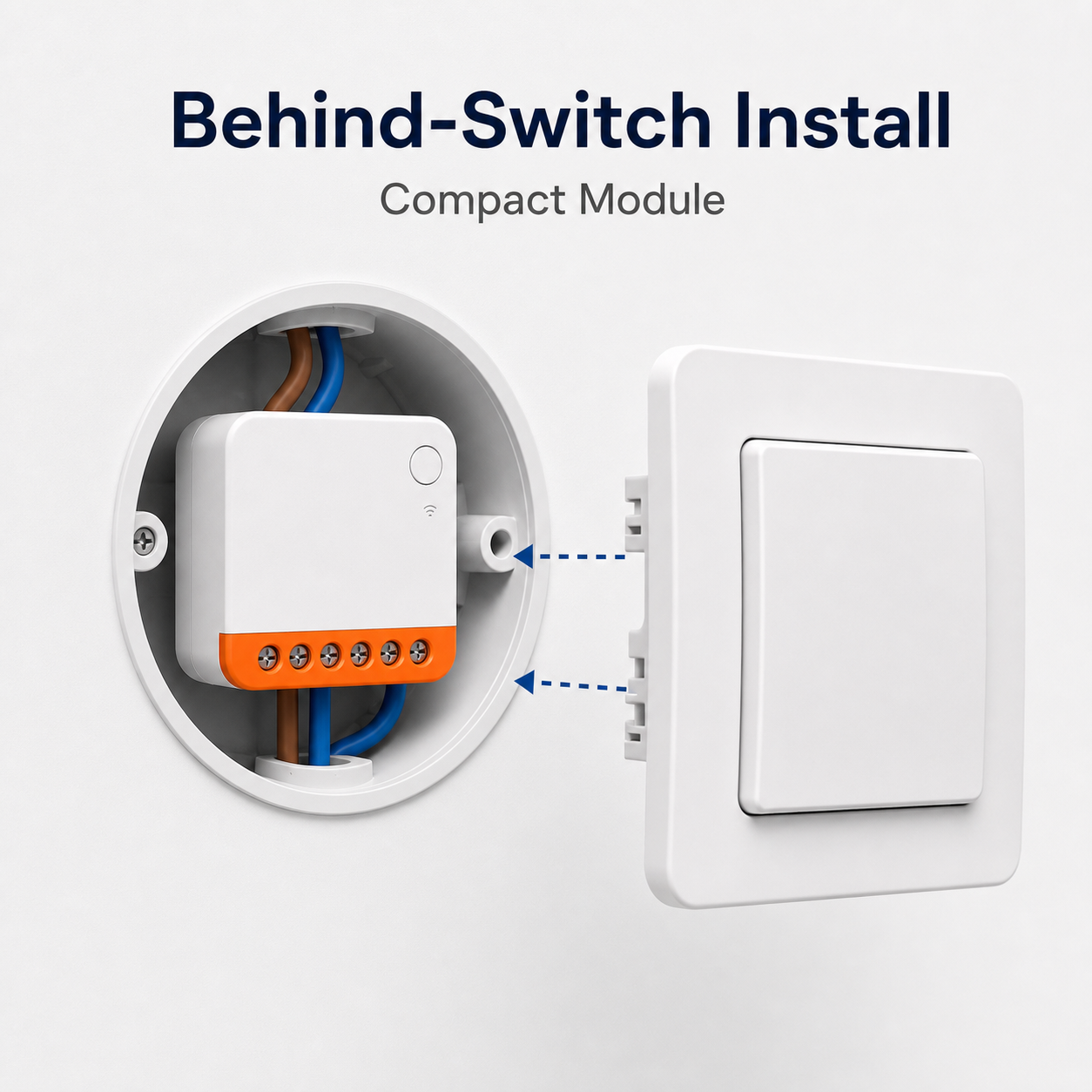 Behind-switch installation view for compact Wi-Fi relay module