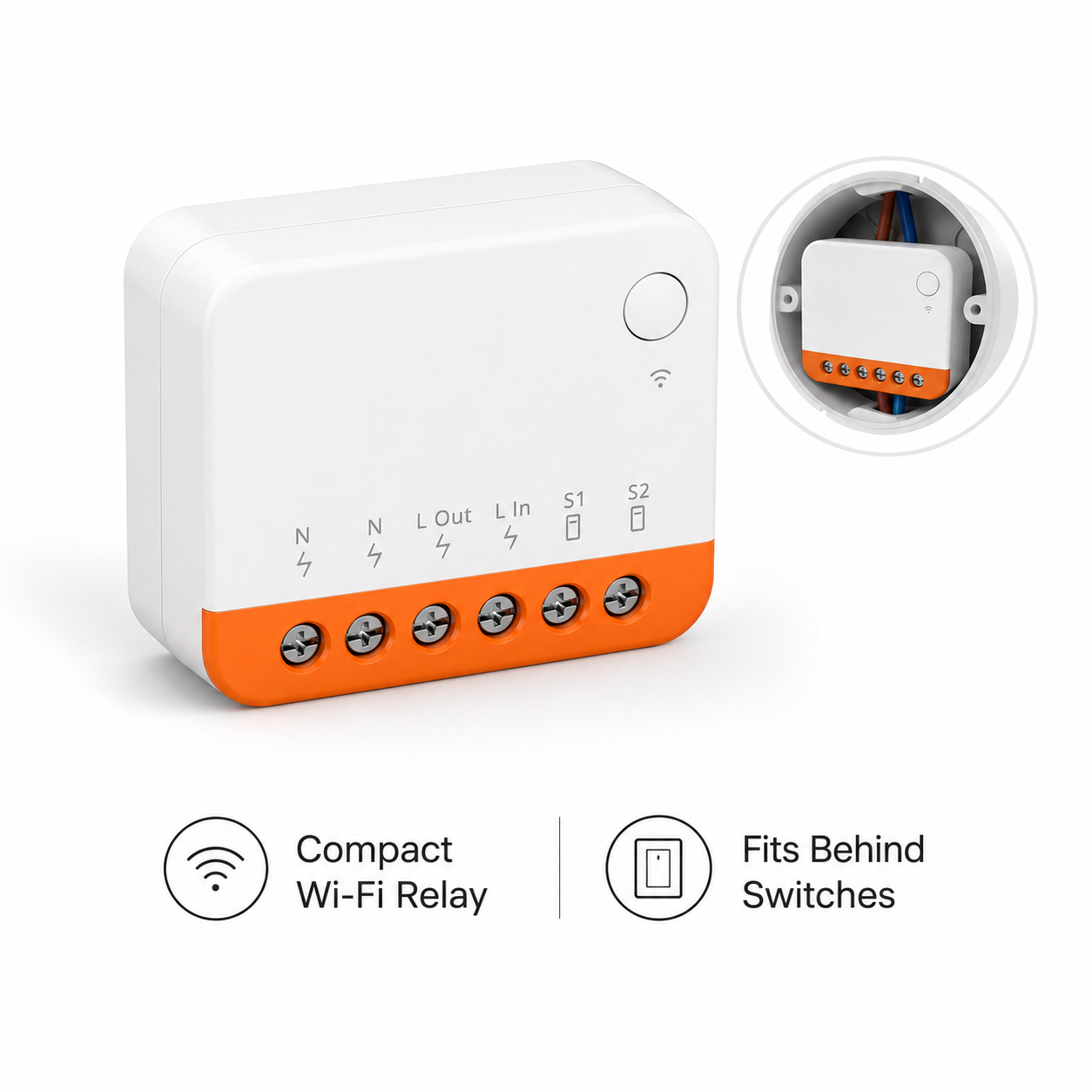Studio packshot of compact Wi-Fi relay module with orange screw terminals