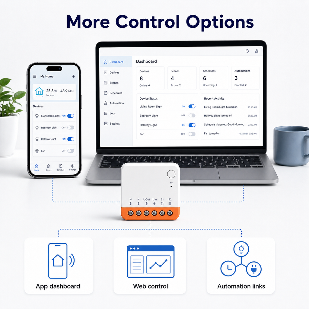 Generic app dashboard web control and automation links for Mini R4 relay module