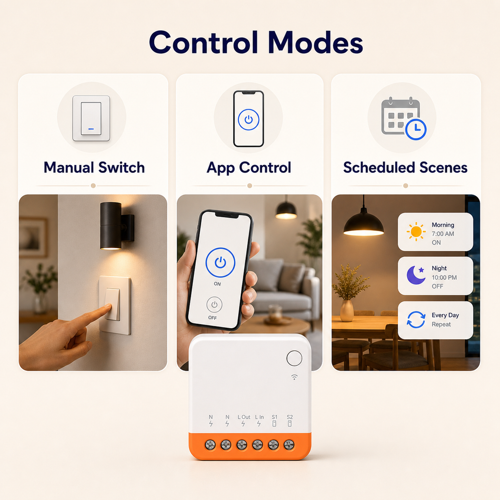 Control modes overview for manual app and scheduled relay scenes
