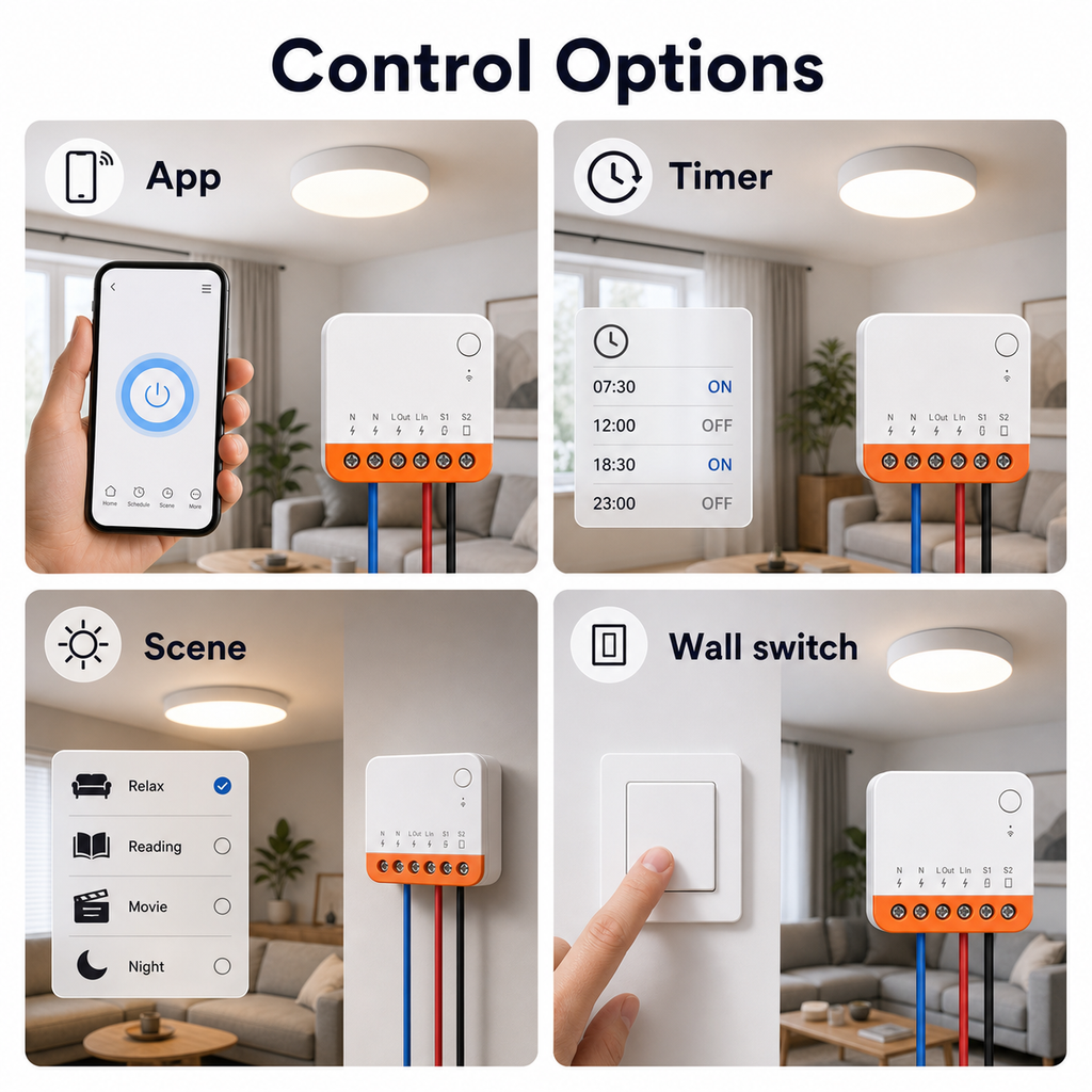Control options for Mini R4 relay module with app timer scene and wall switch