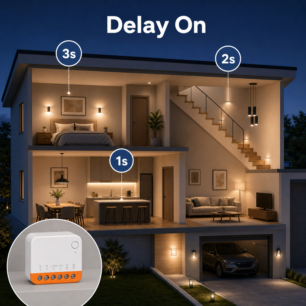 Delayed power-on lighting scene for compact Wi-Fi relay module