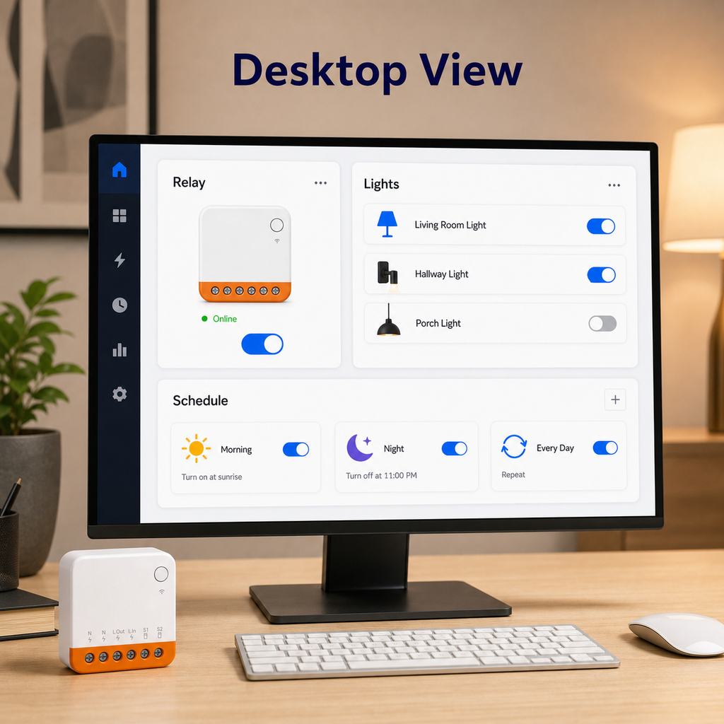 Desktop dashboard view for controlling compact Wi-Fi relay lighting