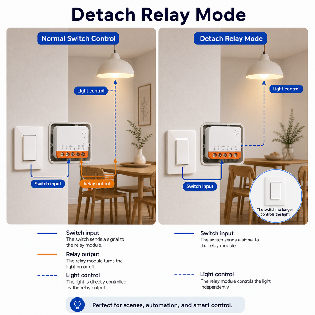 Detach relay mode overview for Mini R4 relay module and wall switch