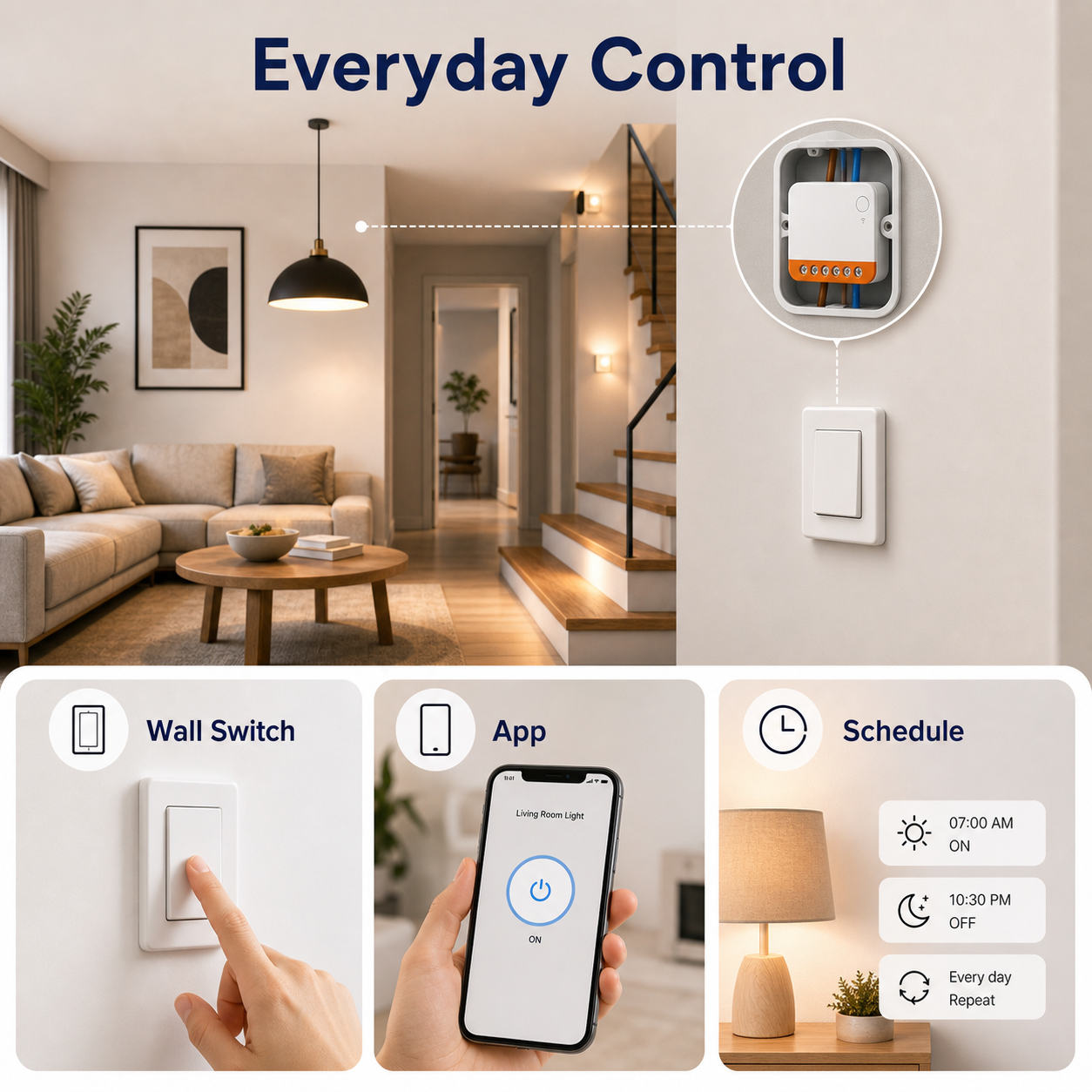Everyday control options for compact Wi-Fi relay in a modern home