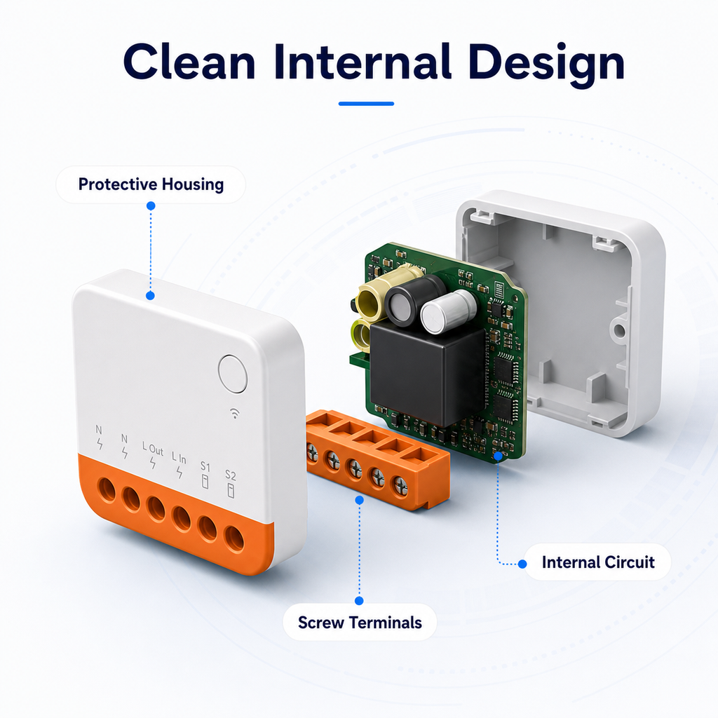 Exploded internal design of compact Wi-Fi relay module