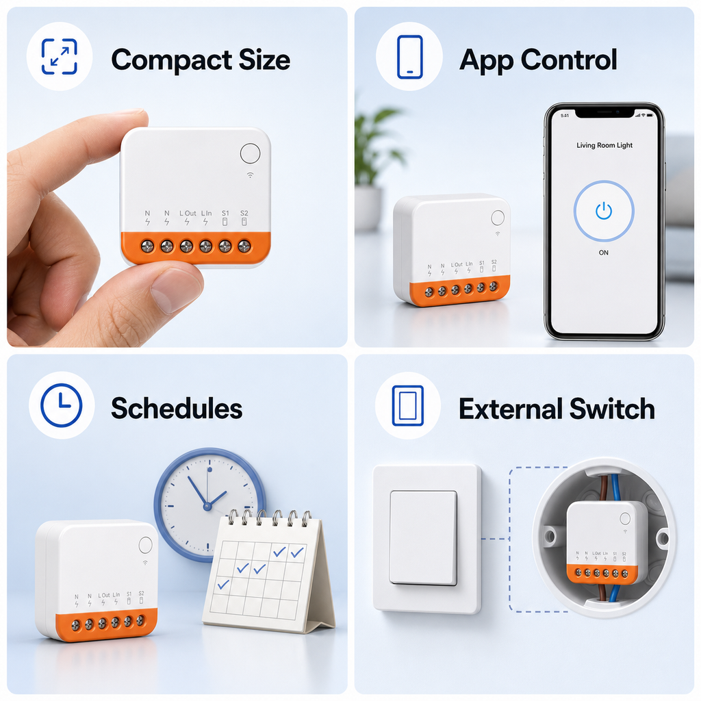 Feature grid for compact Wi-Fi relay with app schedules and switch control