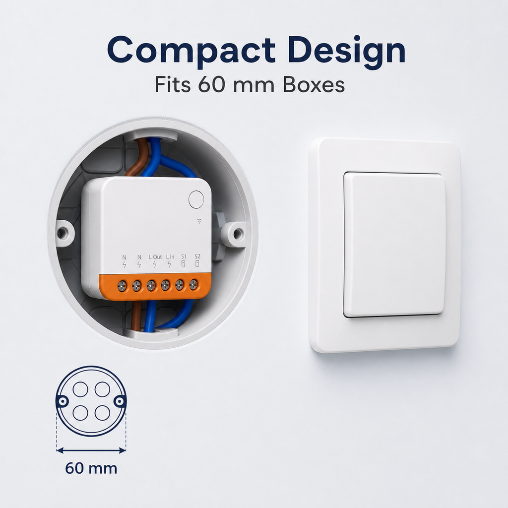 Compact Wi-Fi relay fitted inside a 60 mm wall box