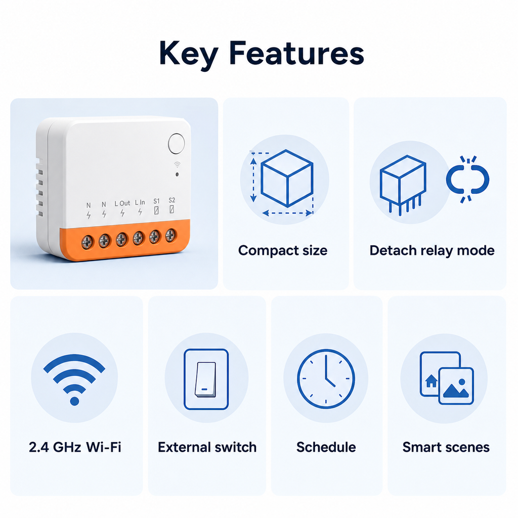 Key features grid for compact Mini R4 Wi-Fi relay module