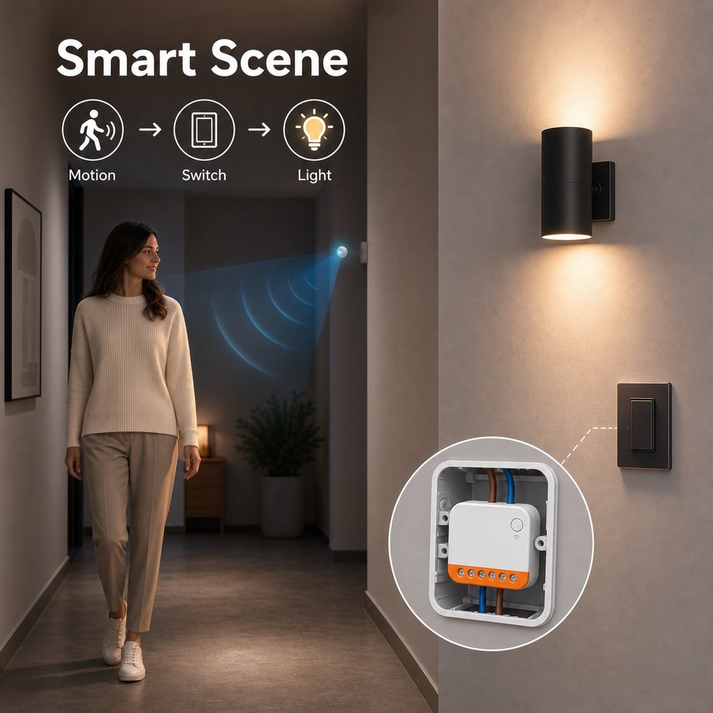 Motion-triggered hallway lighting scene with compact Wi-Fi relay