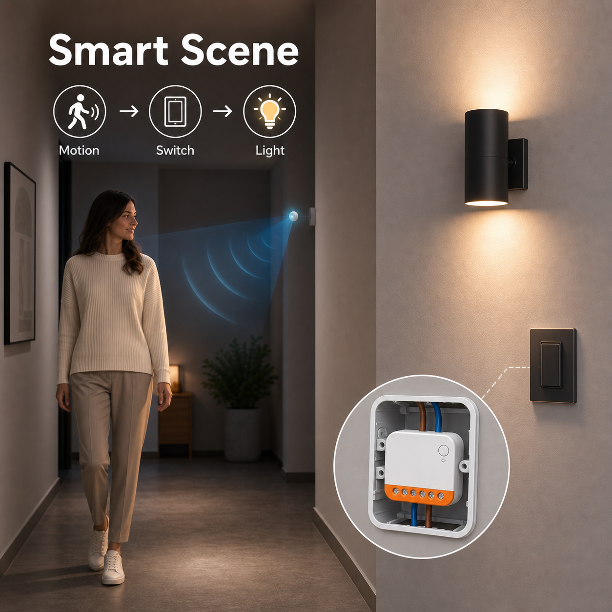 Motion-triggered hallway lighting scene with compact Wi-Fi relay