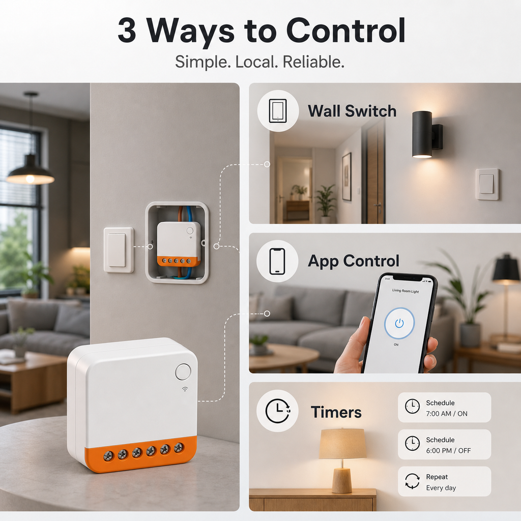 Compact Wi-Fi relay control options for wall switch app and timers