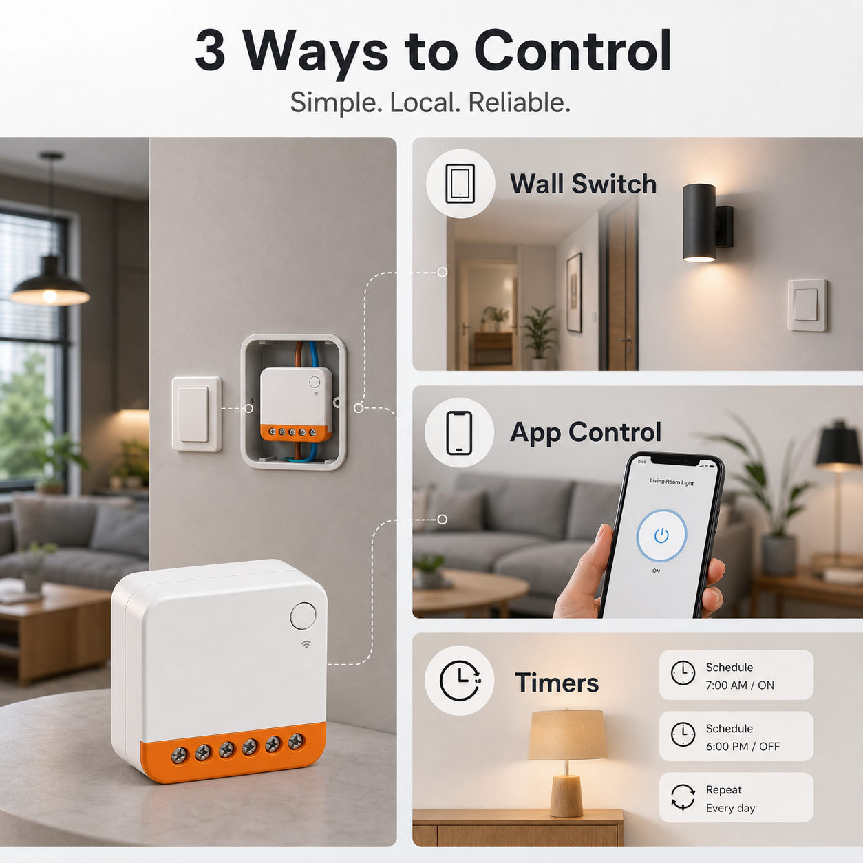 Compact Wi-Fi relay control options for wall switch app and timers