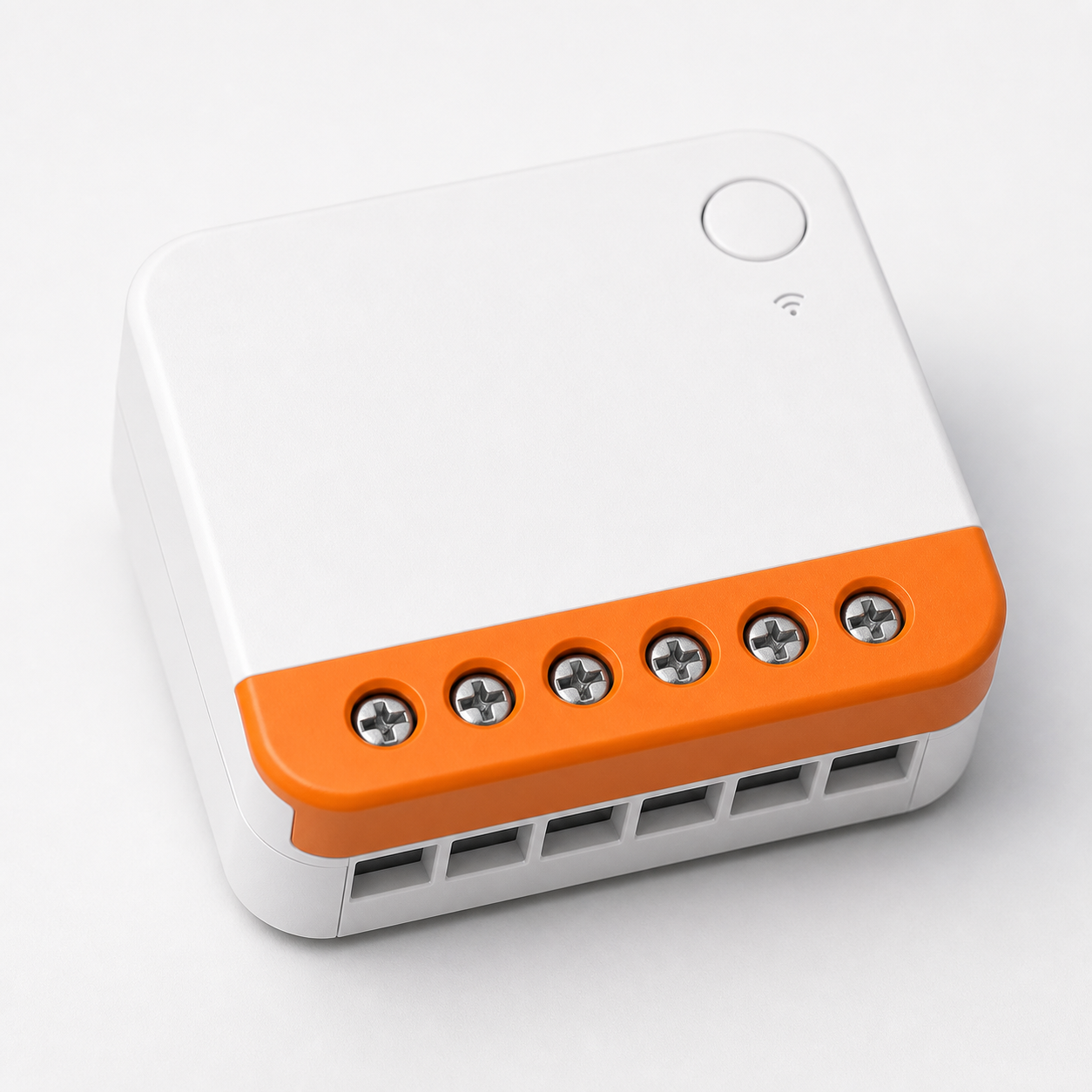 Close-up of orange screw terminal block on compact Wi-Fi relay