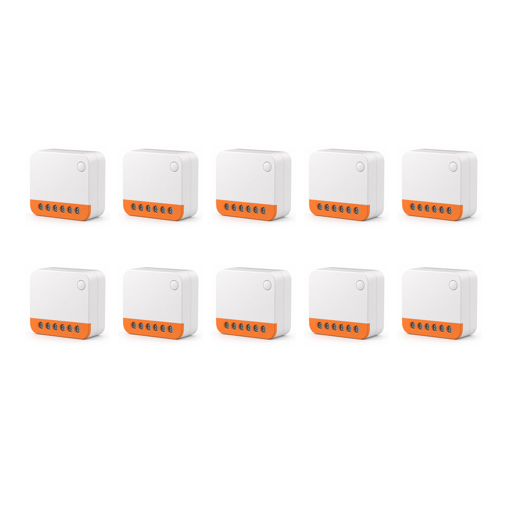 Lot de 10 modules relais Wi-Fi NéoRelay Mini R4 Pro sur fond blanc