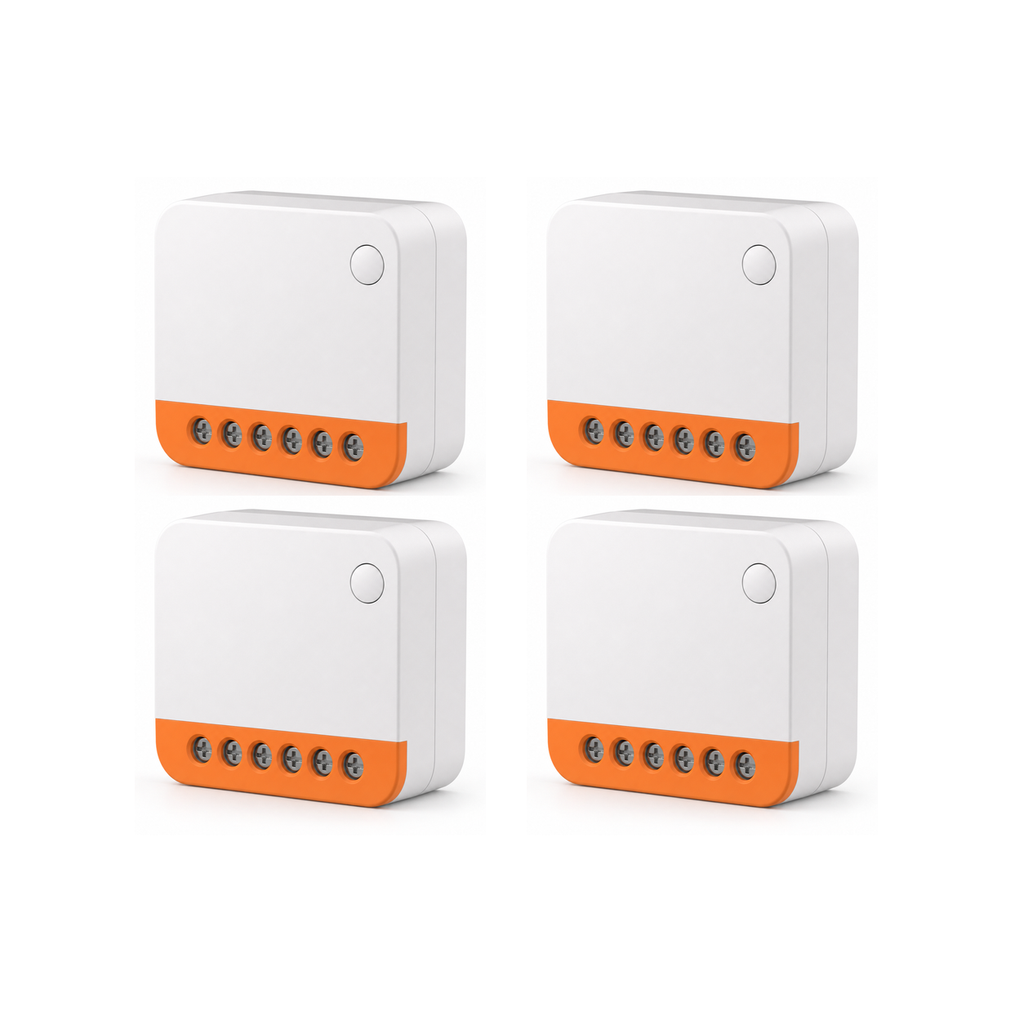 Lot de 4 modules relais Wi-Fi NéoRelay Mini R4 Pro sur fond blanc