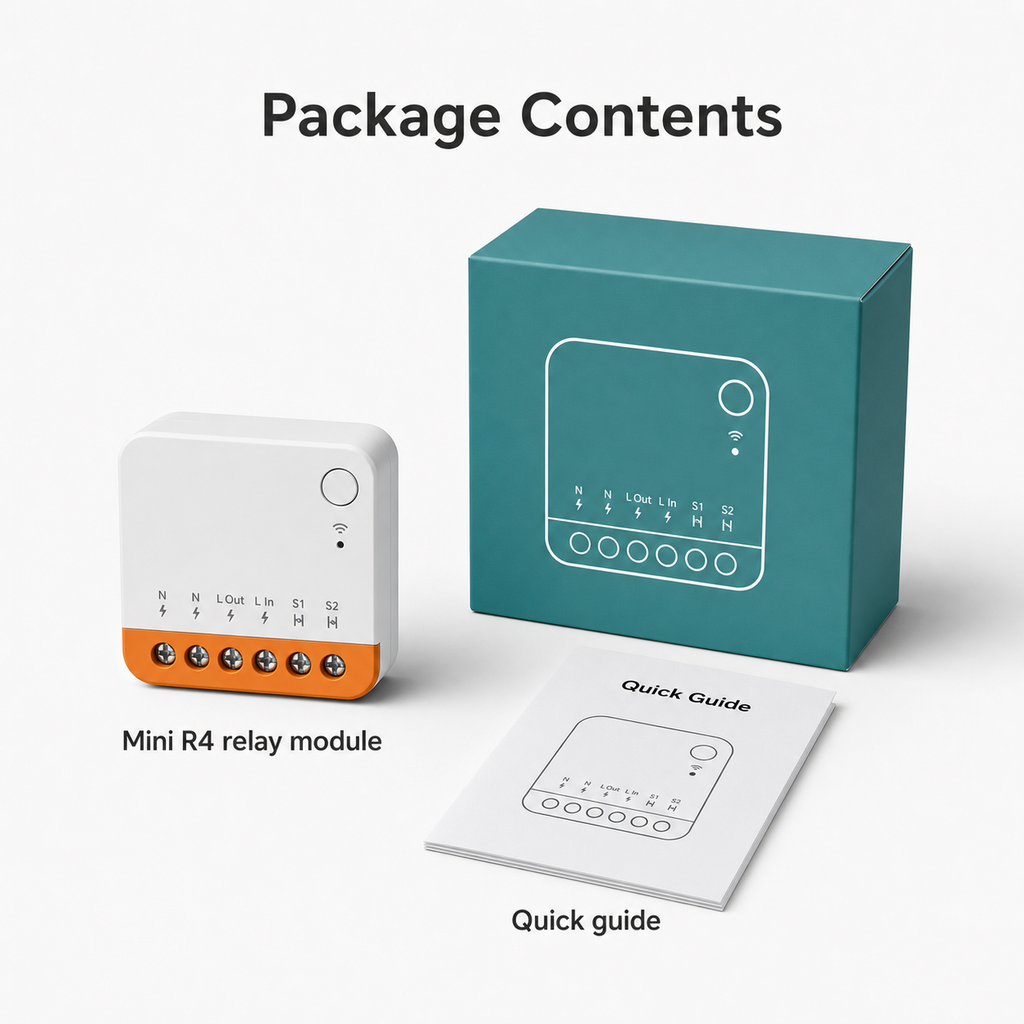 Package contents with Mini R4 relay module neutral box and quick guide