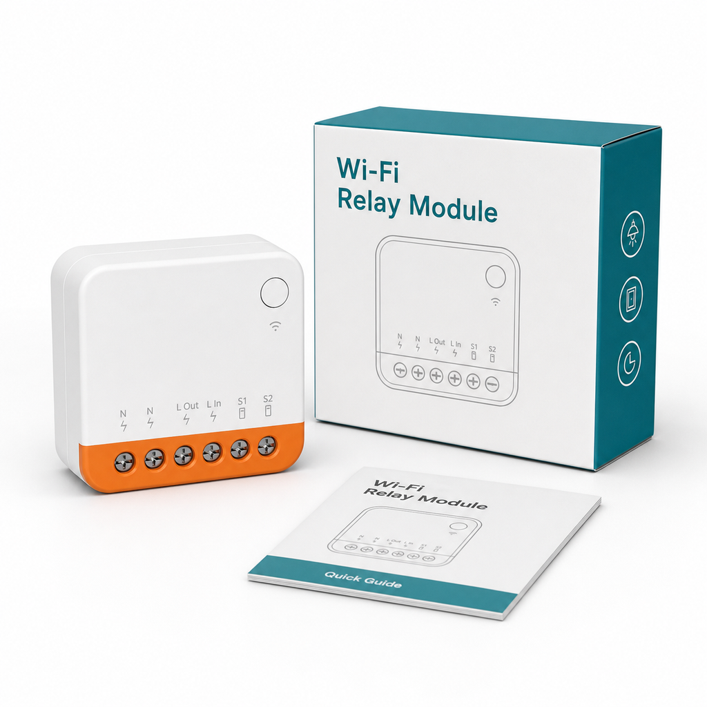 Studio packshot of compact Wi-Fi relay with neutral packaging
