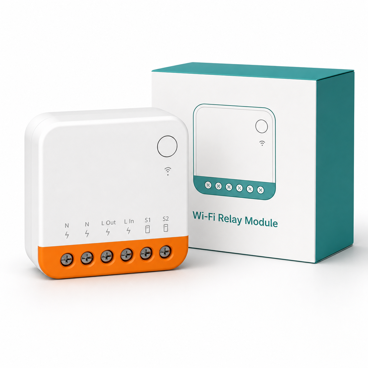 Product and box studio packshot for compact Wi-Fi relay module
