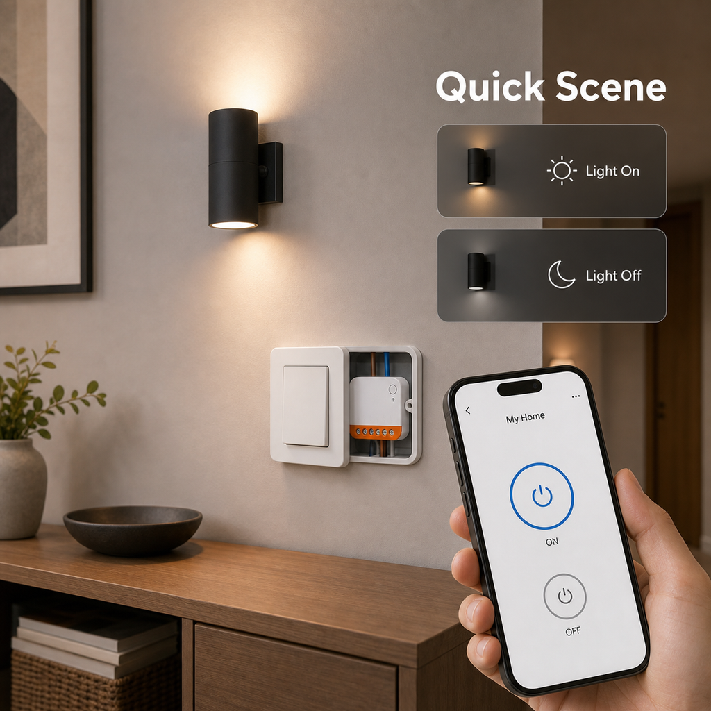 Quick scene control for wall light connected through compact Wi-Fi relay