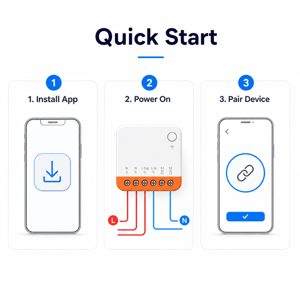 Quick start setup steps for compact Wi-Fi relay module