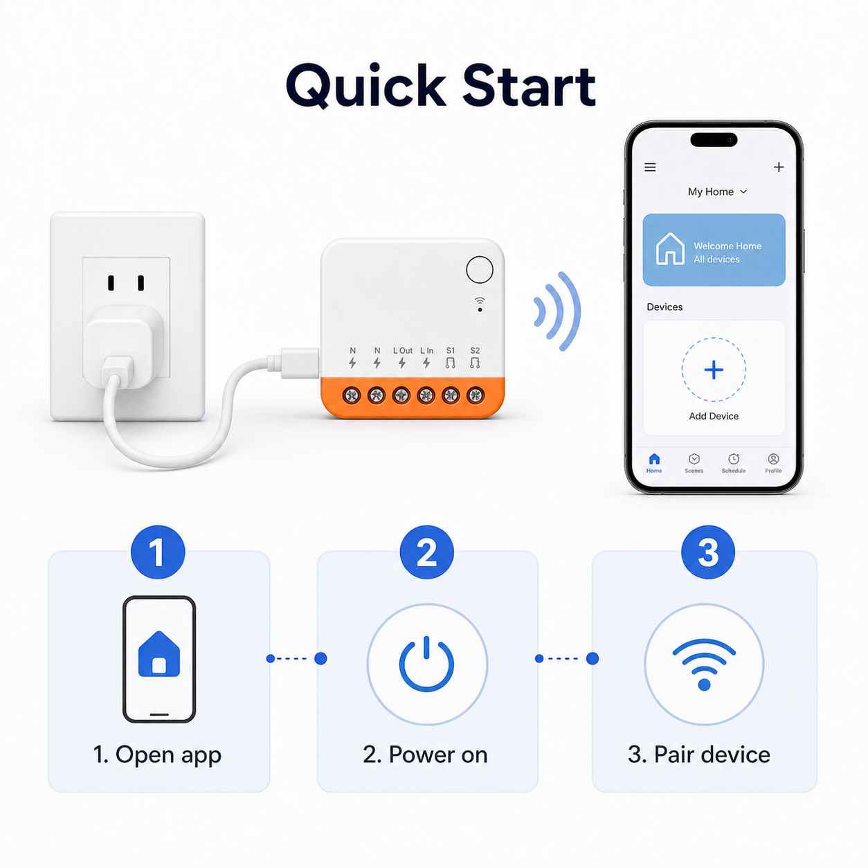 Quick start steps for opening app powering on and pairing Mini R4 relay module