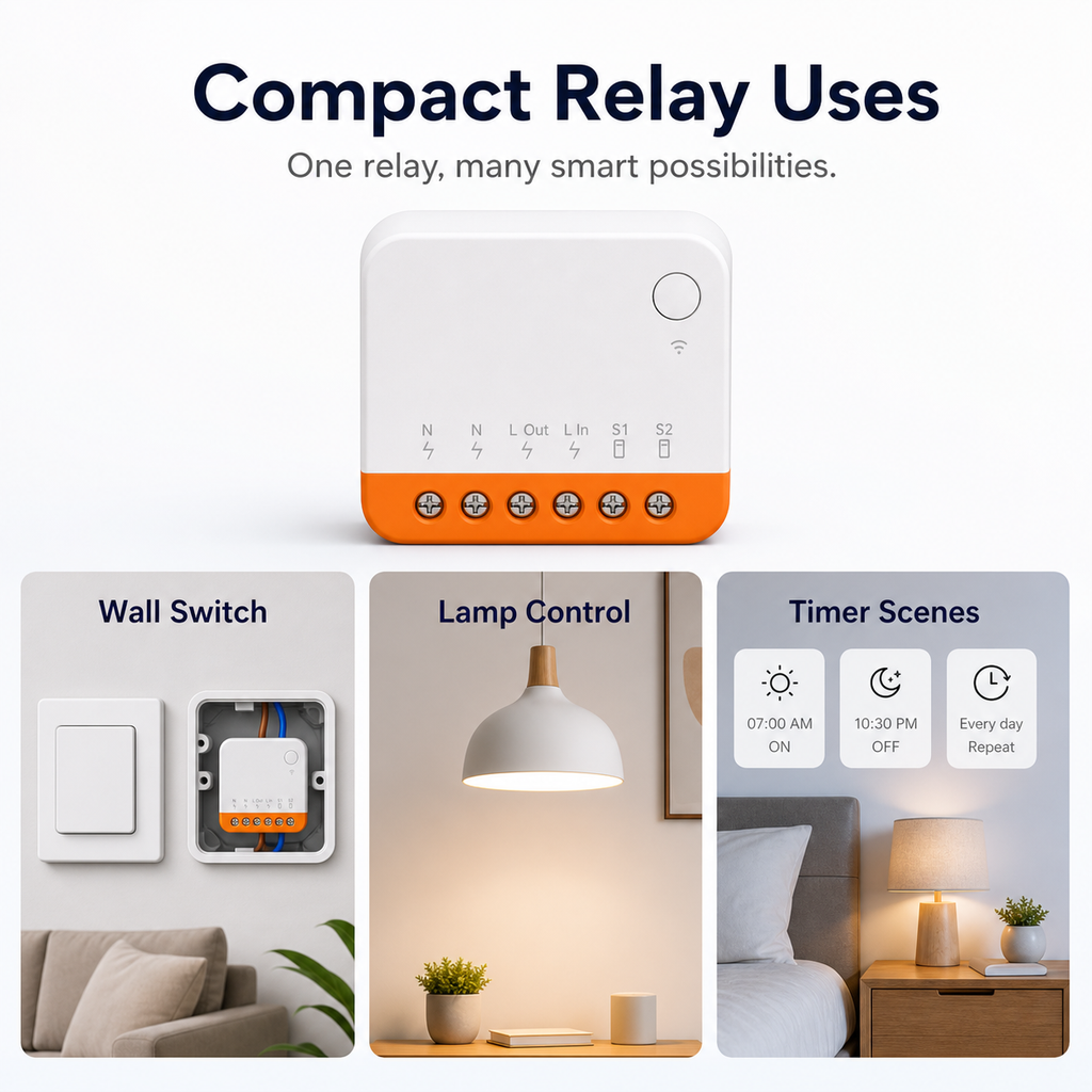 Use cases for compact Wi-Fi relay with wall switch lamp and timer scenes