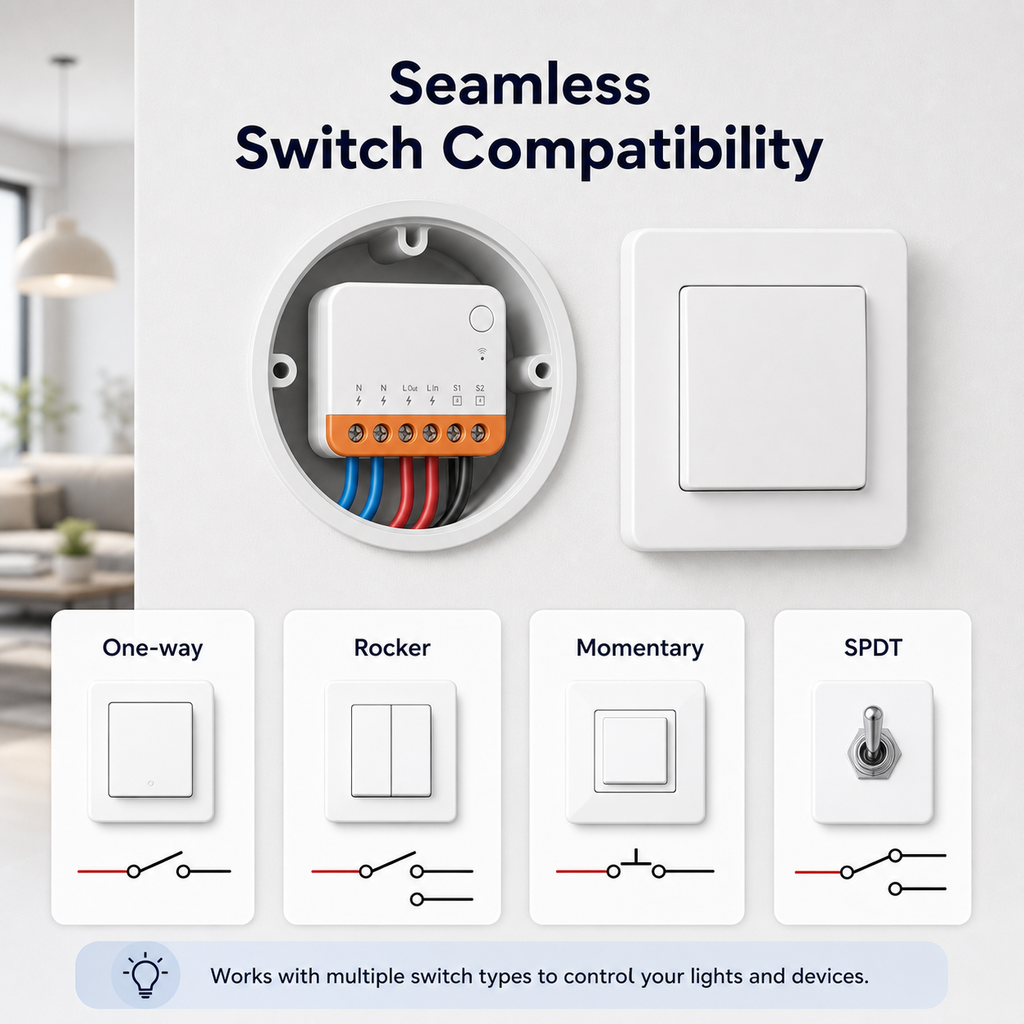 Mini R4 relay module compatible with one-way rocker momentary and SPDT switches