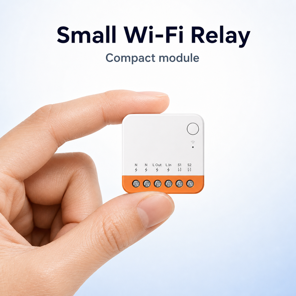 Small Wi-Fi relay module held between fingers for scale