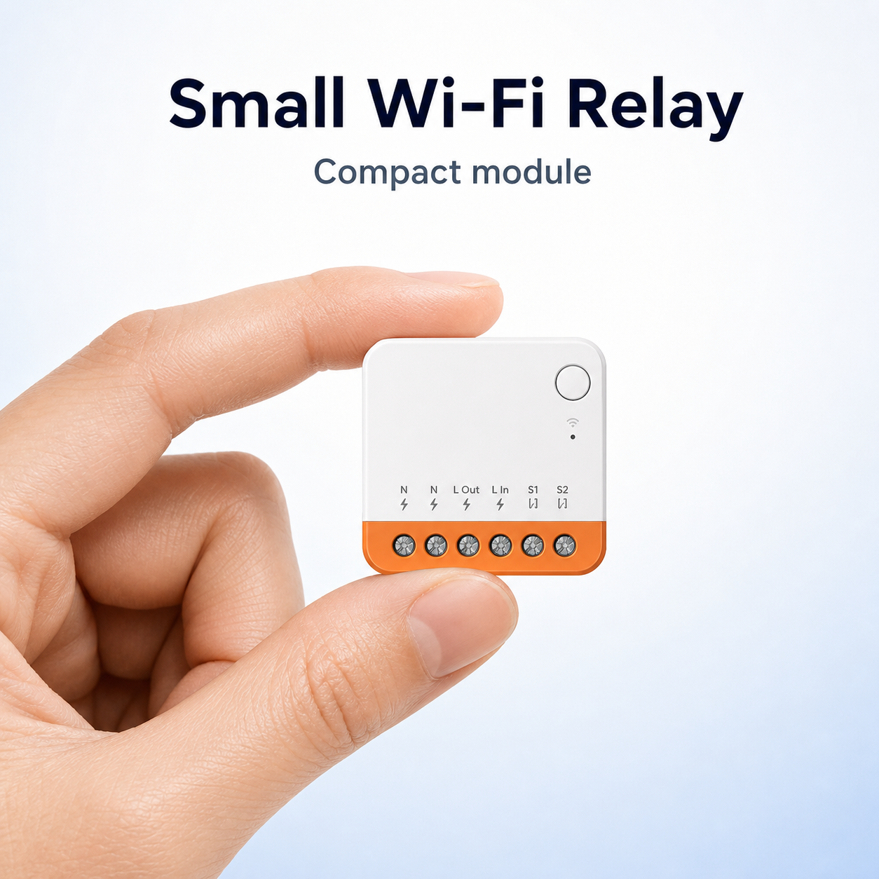 Small Wi-Fi relay module held between fingers for scale