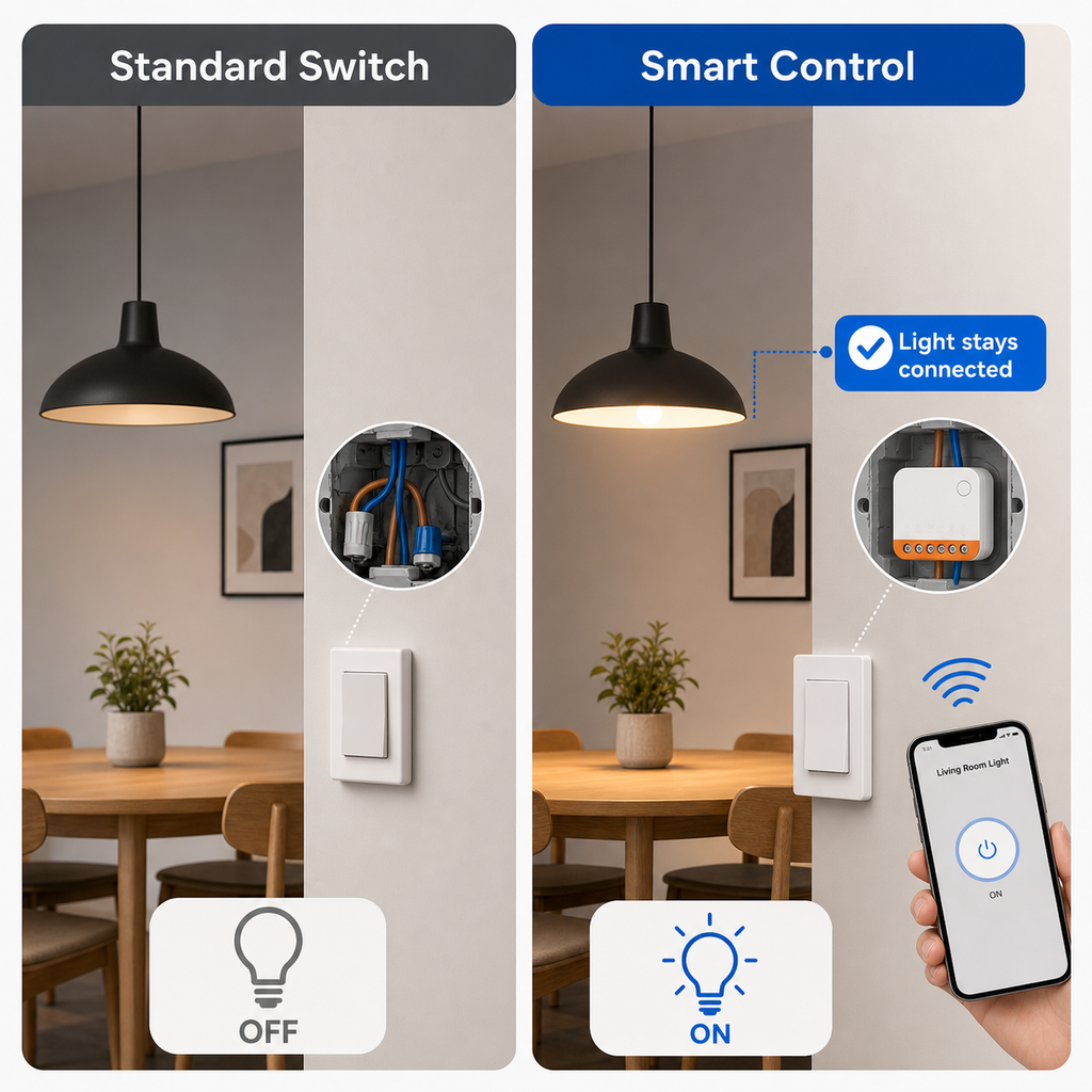 Before and after smart control concept for a relay light circuit