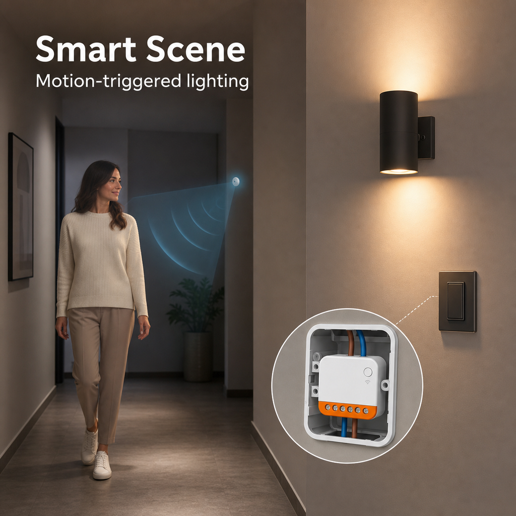 Modern hallway smart scene showing motion-triggered wall lighting