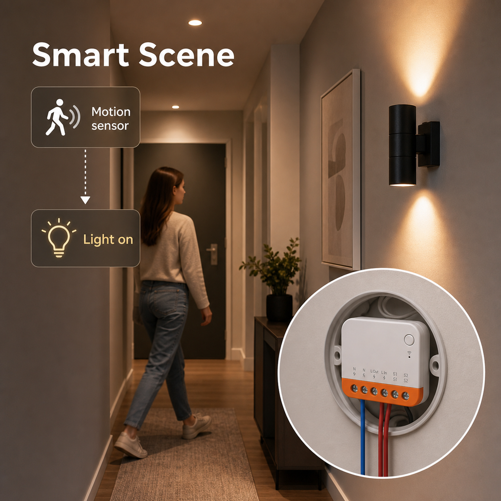 Smart hallway scene with Mini R4 relay module controlling wall light