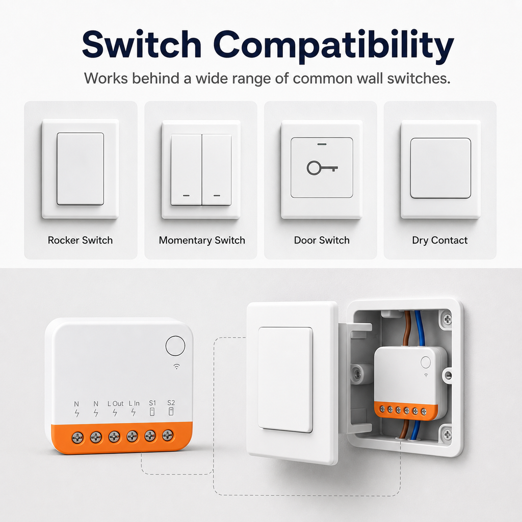 Generic switch compatibility overview for compact Wi-Fi relay module