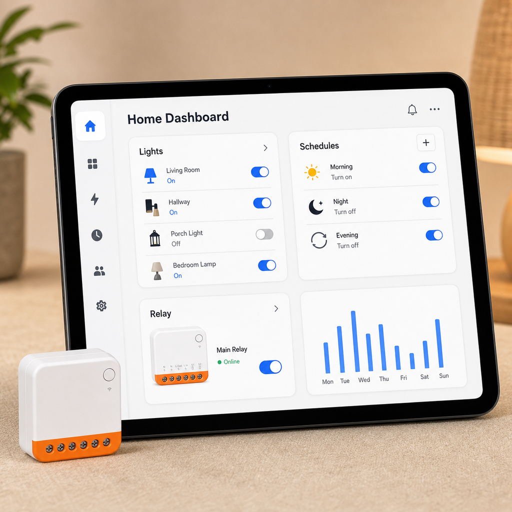 Tablet smart home dashboard controlling lights with compact Wi-Fi relay