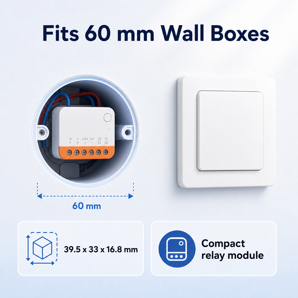 Mini R4 relay module dimensions and 60 mm wall box fit
