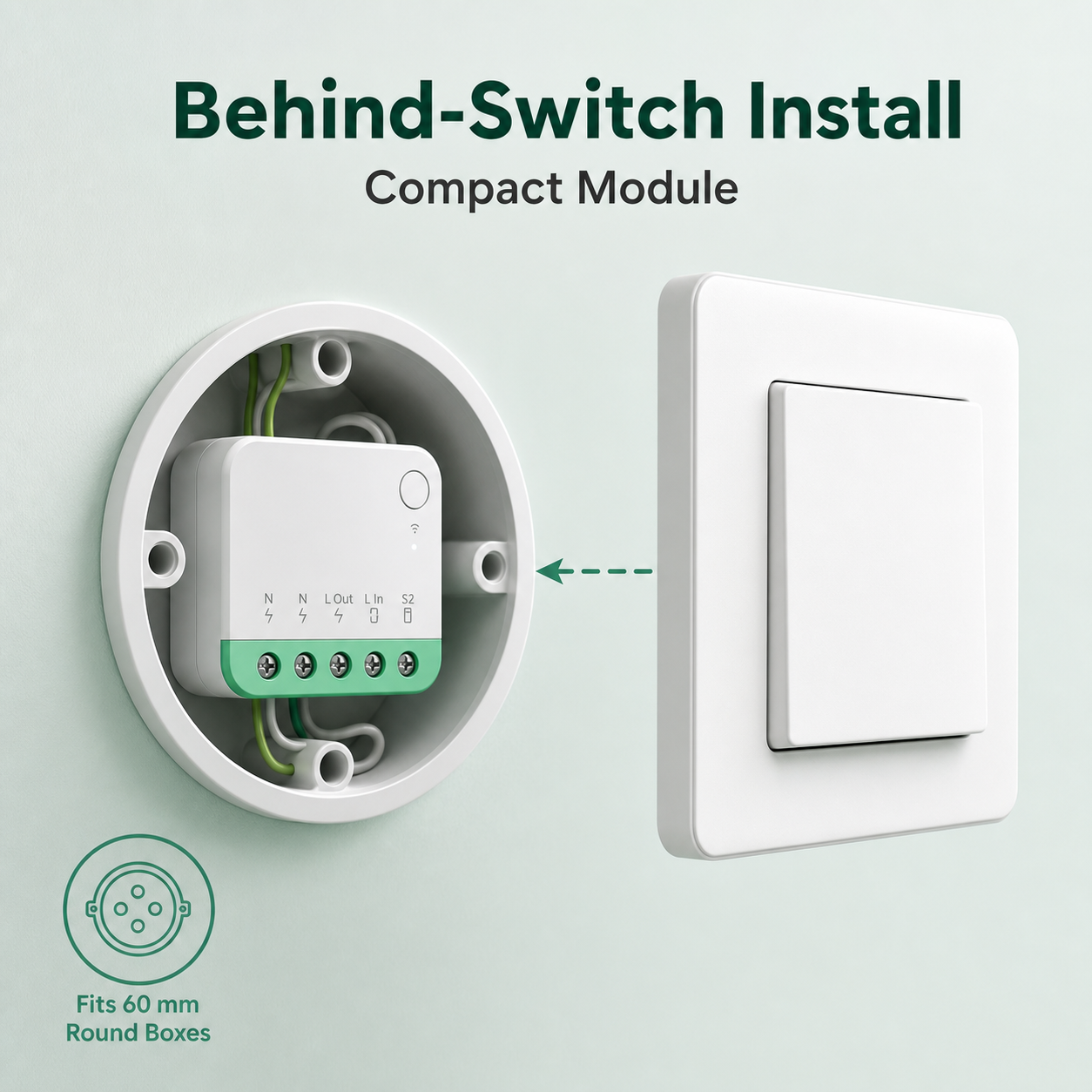 Behind-switch installation view for compact Matter-compatible relay module