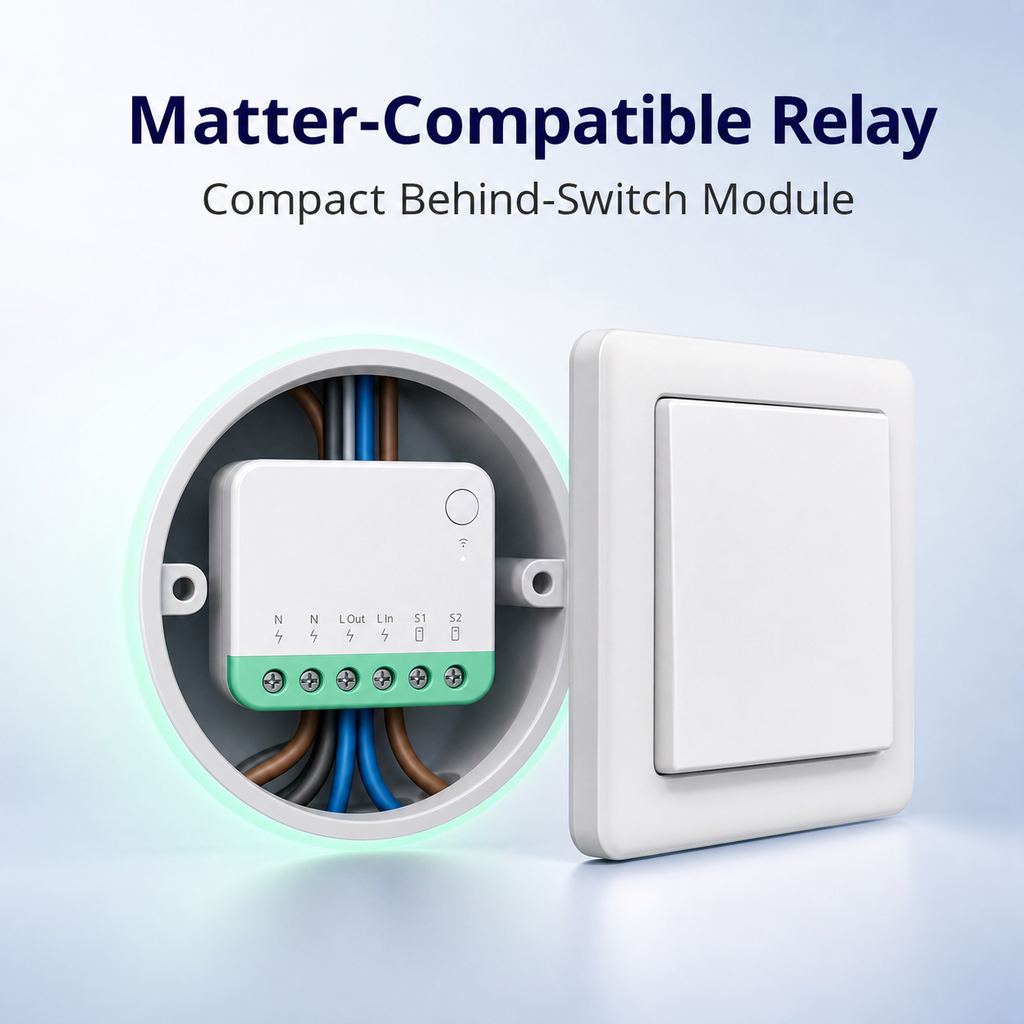 Matter-compatible relay module installed behind a wall switch in a round wall box