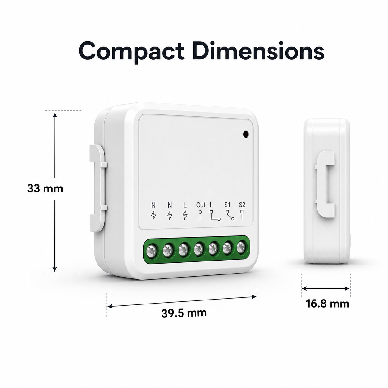Compact dimensions diagram for Matter-compatible Wi-Fi relay module