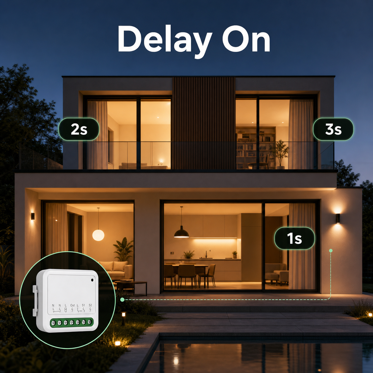 Delayed power-on lighting scene for compact Matter-compatible relay