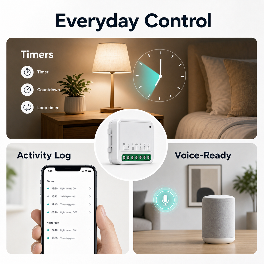 Everyday control details for compact Matter-compatible relay module