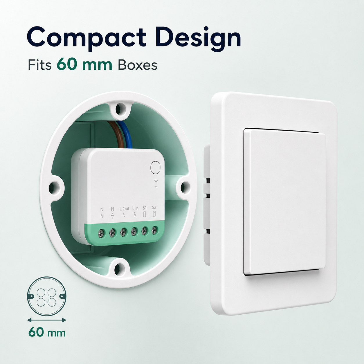 Compact Matter-compatible Wi-Fi relay fitted inside a 60 mm wall box