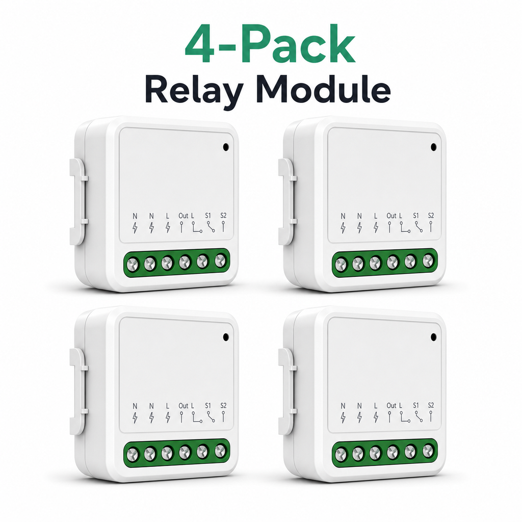 Four-pack studio image of compact Matter-compatible relay modules