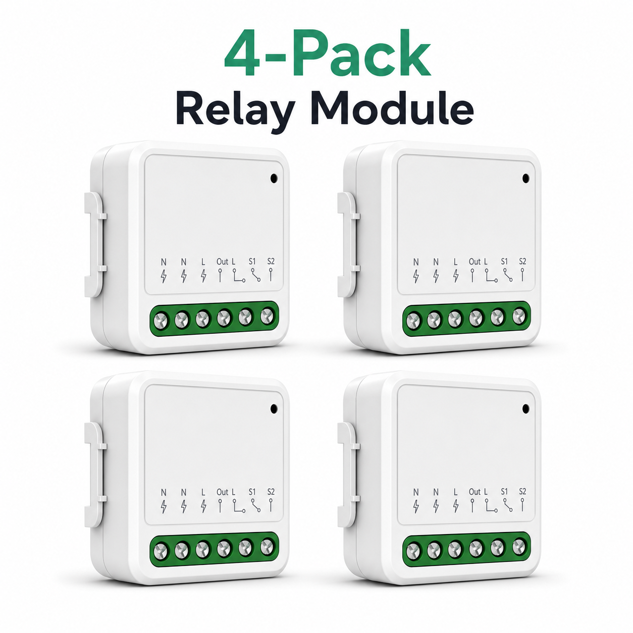 Four-pack studio image of compact Matter-compatible relay modules
